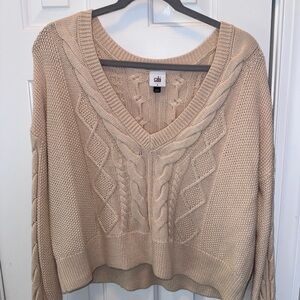 CAbi Neutral Beige Cable-Knit V-Neck Sweater